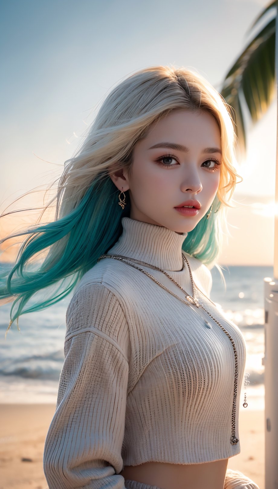 {{A mesmerizing depiction of a girl}} with {blonde hair, blue eyes, long hair, earrings, jewelry, necklace, bracelet, red top, turtleneck crop top, long sleeves}. This is a vibrant-inspired image that showcases {night, sunset, beach, palm trees, cityscape, silhouettes, ocean, tropical, birds, clouds}. The environment/background should be {night} to create an {alluring atmosphere}. The image should be in the style of a {digital illustration}, incorporating elements of {colorful pop art, vibrant sunset photography, tropical illustrations}. The {extreme close-up} shot, captured with a {macro} lens, will provide a {dynamic angle}. The lighting should be {moonlight passing through hair}, emphasizing {intricate details}. The desired level of detail is {ultra-detailed body} with a {highest detailed} resolution, highlighting {the facial features and jewelry}. The goal is to create a {colorful masterpiece} image that captivates viewers with its {vibrancy and intricacy}.