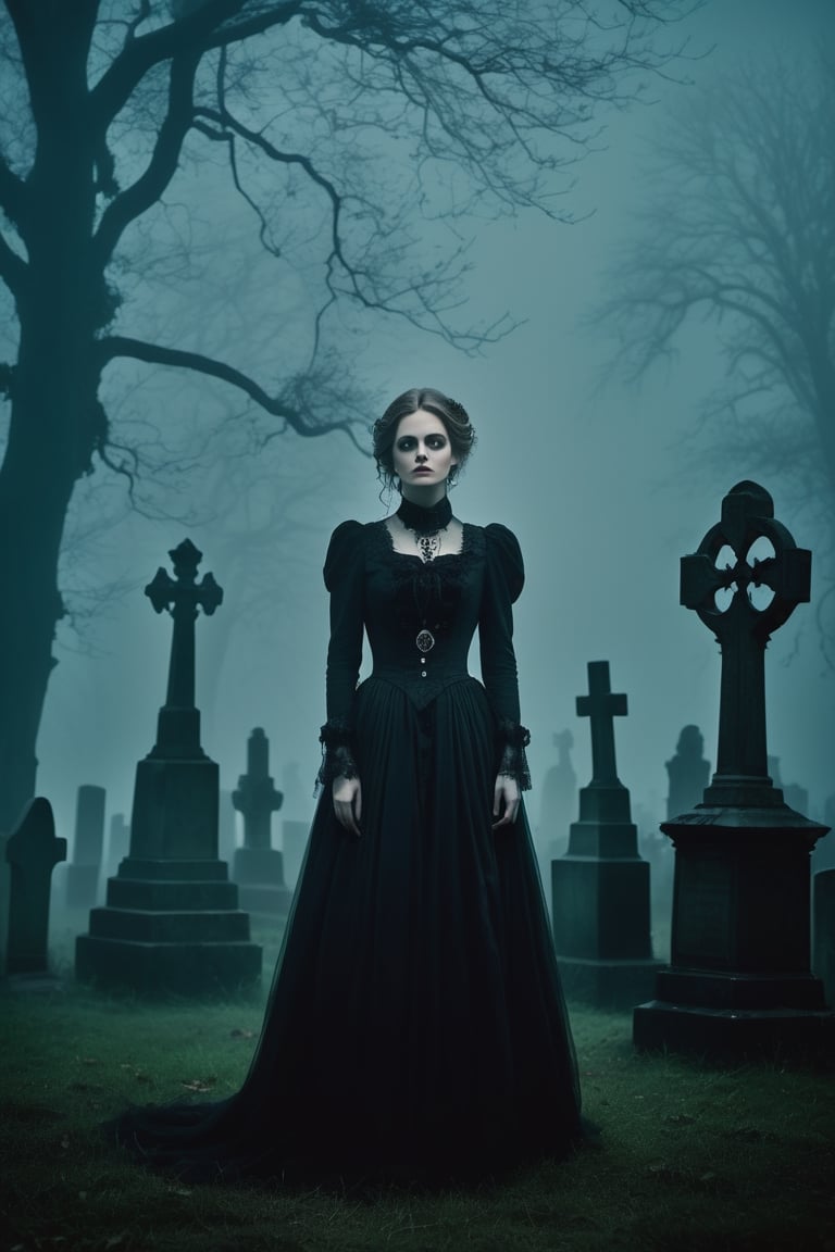 {{A haunting depiction of a young woman}} with intense green eyes,  clad in elegant Victorian attire,  stands amidst a fog...