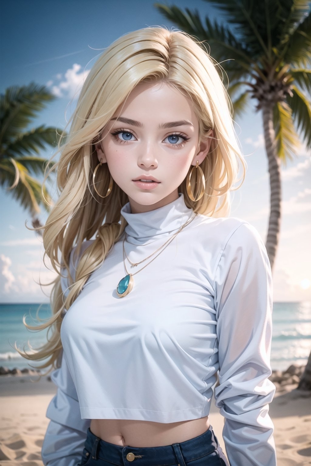 {{A mesmerizing depiction of a girl}} with {blonde hair, blue eyes, long hair, earrings, jewelry, necklace, bracelet, red top, turtleneck crop top, long sleeves}. This is a vibrant-inspired image that showcases {night, sunset, beach, palm trees, cityscape, silhouettes, ocean, tropical, birds, clouds}. The environment/background should be {night} to create an {alluring atmosphere}. The image should be in the style of a {digital illustration}, incorporating elements of {colorful pop art, vibrant sunset photography, tropical illustrations}. The {extreme close-up} shot, captured with a {macro} lens, will provide a {dynamic angle}. The lighting should be {moonlight passing through hair}, emphasizing {intricate details}. The desired level of detail is {ultra-detailed body} with a {highest detailed} resolution, highlighting {the facial features and jewelry}. The goal is to create a {colorful masterpiece} image that captivates viewers with its {vibrancy and intricacy}.