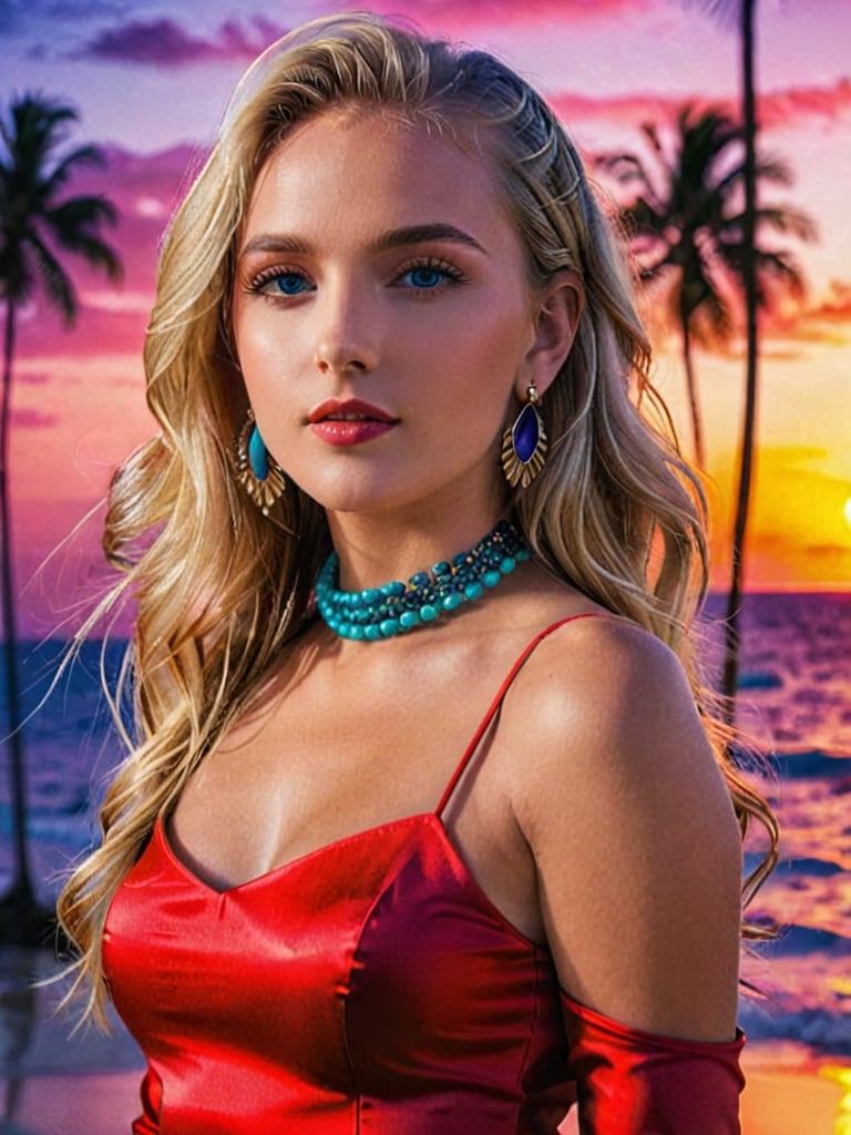 {{A mesmerizing depiction of a girl}} with {blonde hair, blue eyes, long hair, earrings, jewelry, necklace, bracelet, red top, turtleneck crop top, long sleeves}. This is a vibrant-inspired image that showcases {night, sunset, beach, palm trees, cityscape, silhouettes, ocean, tropical, birds, clouds}. The environment/background should be {night} to create an {alluring atmosphere}. The image should be in the style of a {digital illustration}, incorporating elements of {colorful pop art, vibrant sunset photography, tropical illustrations}. The {extreme close-up} shot, captured with a {macro} lens, will provide a {dynamic angle}. The lighting should be {moonlight passing through hair}, emphasizing {intricate details}. The desired level of detail is {ultra-detailed body} with a {highest detailed} resolution, highlighting {the facial features and jewelry}. The goal is to create a {colorful masterpiece} image that captivates viewers with its {vibrancy and intricacy}.