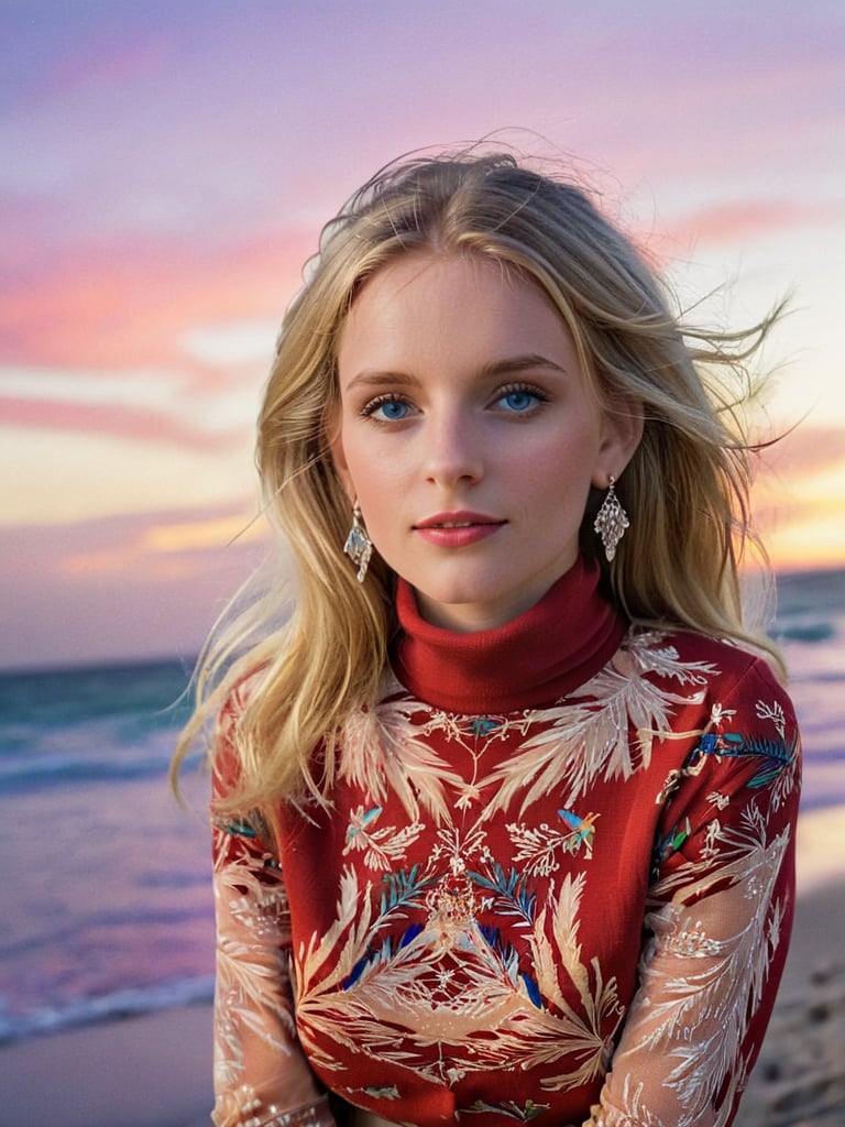 {{A mesmerizing depiction of a girl}} with {blonde hair, blue eyes, long hair, earrings, jewelry, necklace, bracelet, red top, turtleneck crop top, long sleeves}. This is a vibrant-inspired image that showcases {night, sunset, beach, palm trees, cityscape, silhouettes, ocean, tropical, birds, clouds}. The environment/background should be {night} to create an {alluring atmosphere}. The image should be in the style of a {digital illustration}, incorporating elements of {colorful pop art, vibrant sunset photography, tropical illustrations}. The {extreme close-up} shot, captured with a {macro} lens, will provide a {dynamic angle}. The lighting should be {moonlight passing through hair}, emphasizing {intricate details}. The desired level of detail is {ultra-detailed body} with a {highest detailed} resolution, highlighting {the facial features and jewelry}. The goal is to create a {colorful masterpiece} image that captivates viewers with its {vibrancy and intricacy}.