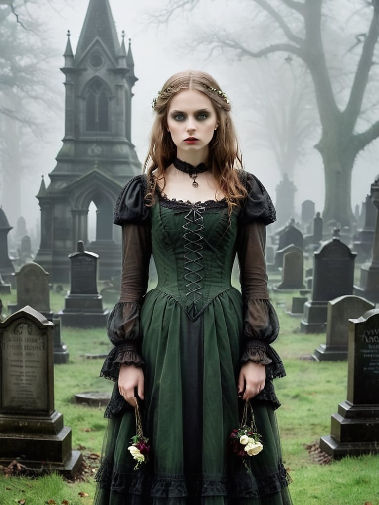 {{A haunting depiction of a young woman}} with intense green eyes,  clad in elegant Victorian attire,  stands amidst a fog...