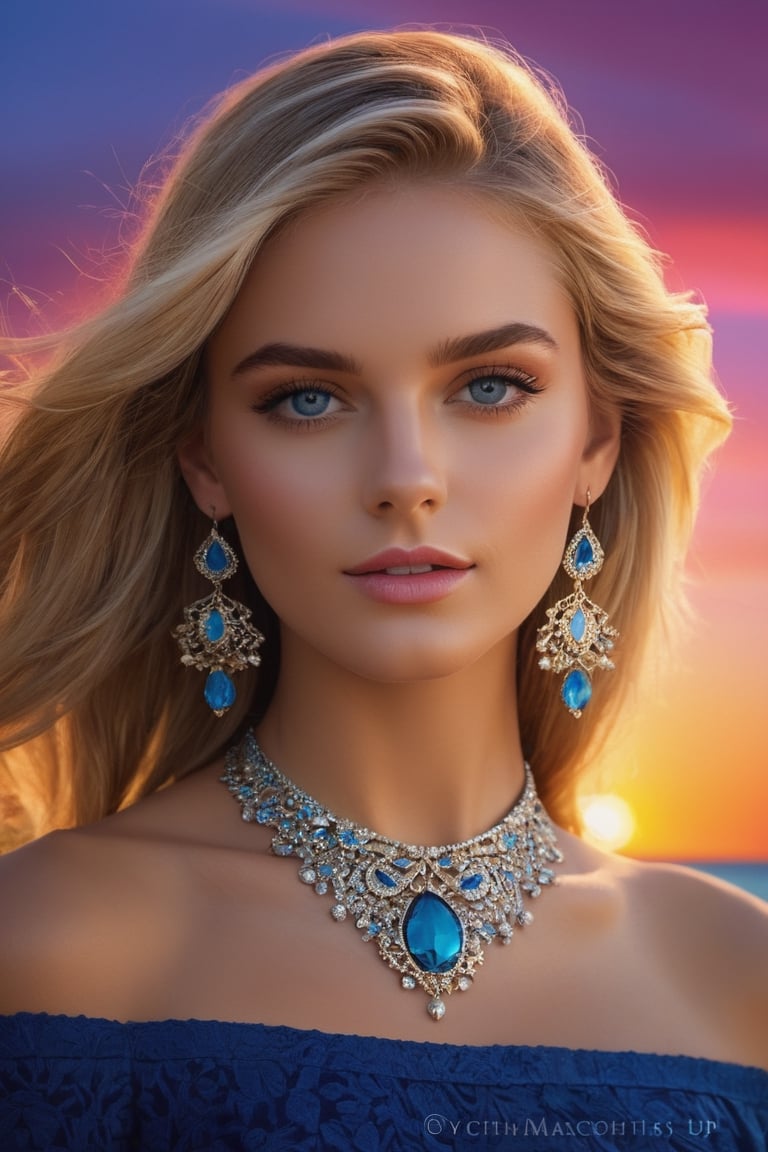 {{A mesmerizing depiction of a girl}} with {blonde hair, blue eyes, long hair, earrings, jewelry, necklace, bracelet, red top, turtleneck crop top, long sleeves}. This is a vibrant-inspired image that showcases {night, sunset, beach, palm trees, cityscape, silhouettes, ocean, tropical, birds, clouds}. The environment/background should be {night} to create an {alluring atmosphere}. The image should be in the style of a {digital illustration}, incorporating elements of {colorful pop art, vibrant sunset photography, tropical illustrations}. The {extreme close-up} shot, captured with a {macro} lens, will provide a {dynamic angle}. The lighting should be {moonlight passing through hair}, emphasizing {intricate details}. The desired level of detail is {ultra-detailed body} with a {highest detailed} resolution, highlighting {the facial features and jewelry}. The goal is to create a {colorful masterpiece} image that captivates viewers with its {vibrancy and intricacy}.