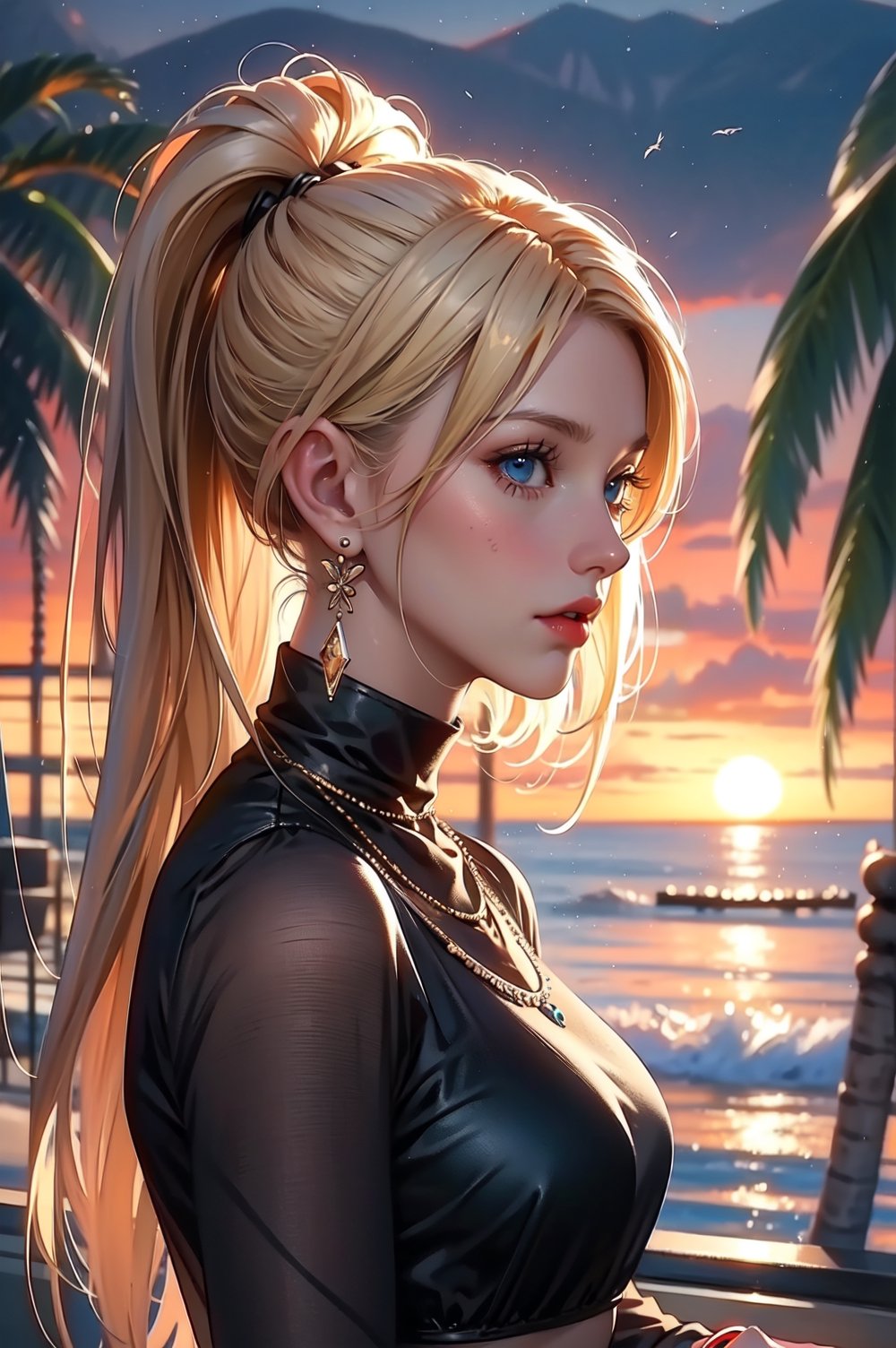 {{A mesmerizing depiction of a girl}} with {blonde hair, blue eyes, long hair, earrings, jewelry, necklace, bracelet, red top, turtleneck crop top, long sleeves}. This is a vibrant-inspired image that showcases {night, sunset, beach, palm trees, cityscape, silhouettes, ocean, tropical, birds, clouds}. The environment/background should be {night} to create an {alluring atmosphere}. The image should be in the style of a {digital illustration}, incorporating elements of {colorful pop art, vibrant sunset photography, tropical illustrations}. The {extreme close-up} shot, captured with a {macro} lens, will provide a {dynamic angle}. The lighting should be {moonlight passing through hair}, emphasizing {intricate details}. The desired level of detail is {ultra-detailed body} with a {highest detailed} resolution, highlighting {the facial features and jewelry}. The goal is to create a {colorful masterpiece} image that captivates viewers with its {vibrancy and intricacy}.