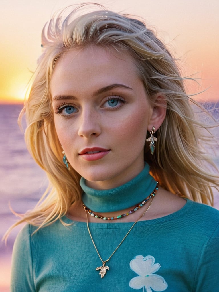 {{A mesmerizing depiction of a girl}} with {blonde hair, blue eyes, long hair, earrings, jewelry, necklace, bracelet, red top, turtleneck crop top, long sleeves}. This is a vibrant-inspired image that showcases {night, sunset, beach, palm trees, cityscape, silhouettes, ocean, tropical, birds, clouds}. The environment/background should be {night} to create an {alluring atmosphere}. The image should be in the style of a {digital illustration}, incorporating elements of {colorful pop art, vibrant sunset photography, tropical illustrations}. The {extreme close-up} shot, captured with a {macro} lens, will provide a {dynamic angle}. The lighting should be {moonlight passing through hair}, emphasizing {intricate details}. The desired level of detail is {ultra-detailed body} with a {highest detailed} resolution, highlighting {the facial features and jewelry}. The goal is to create a {colorful masterpiece} image that captivates viewers with its {vibrancy and intricacy}.