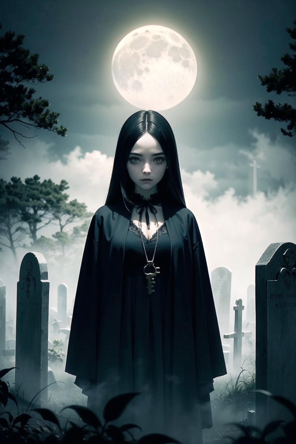 {{A haunting depiction of a young woman}} with intense green eyes,  clad in elegant Victorian attire,  stands amidst a fog...