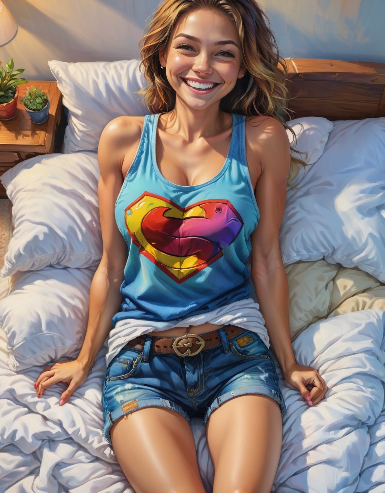 masterpiece:2.0, extremely and best quality, (((best quality))), ((ultra-detailed)), ((high resolution, 16k)), (((extremely and ultra detailed))), 1girl, girl grinning, (((on back, on bed))), tank top, short jean, full body, cutify, cute, colorful, adorable,