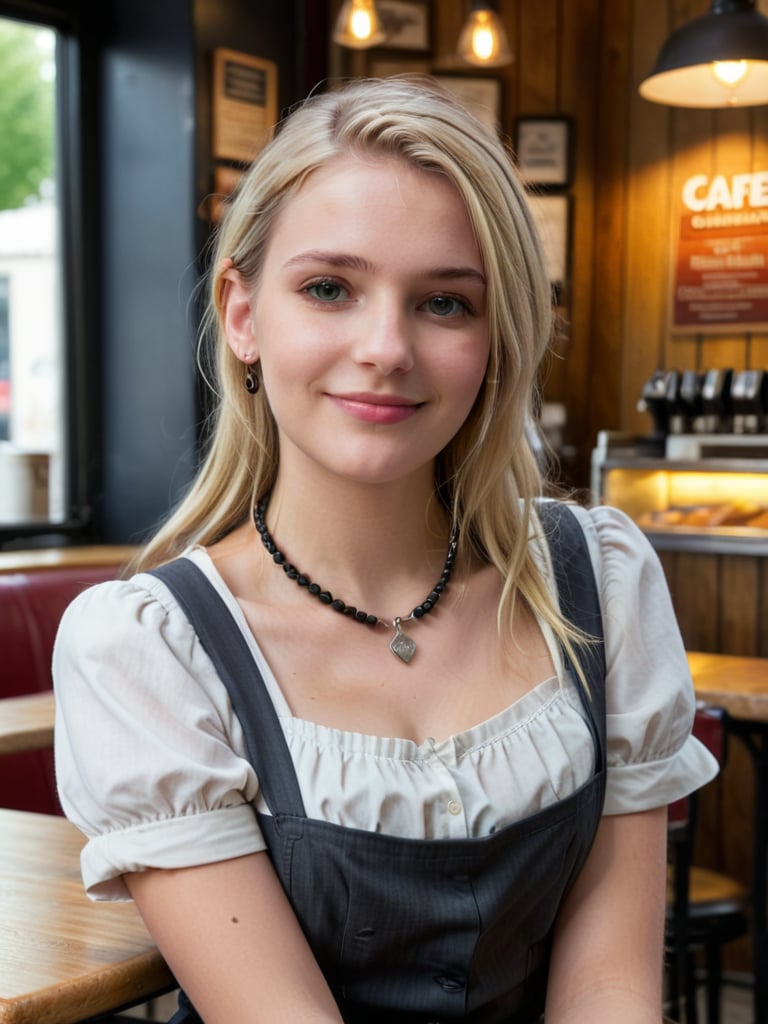 Photorealistic photography of Cafe environment, with a young 18 years old waitress, sw33ny, featuring blonde hair,  grey eyes, beautiful figure in a stylish uniform, wearing unique accessories, necklace, punk style ear piercing,
Standing with hands clasped in front, smiling gently.
Soft ambient lighting, enhancing the warm cafe atmosphere.
Warm, natural light streaming in through the windows.
8K resolution for ultra-high detail.
Hyperrealistic textures for maximum realism.
Photorealistic rendering for a lifelike appearance.
Ultra-sharp focus on key elements.
Cinematic color grading for a filmic look.
Dynamic range to capture the full spectrum of light.
High dynamic range (HDR) for balanced lighting.
Soft focus on background elements to create depth.
Fine detail enhancement for intricate textures.
Ultra-high contrast for dramatic effect.
Realistic depth of field for a natural look.
Vivid color saturation for a vibrant scene.
Sharp edge detailing on the character and cafe furniture.
Smooth gradient transitions for a polished look.
Subtle vignetting to focus attention on the character.
Enhanced clarity on all elements.
Realistic motion blur for any movement.
Perfectly balanced lighting for a natural feel.
Natural color tones for the cafe and character.
Crisp shadow definition for high detail.
Warm, inviting color palette for a serene atmosphere.
Enhanced texture blending for a seamless look.
Subtle noise reduction for a clean finish.
High definition reflections on the cafe tables and character’s uniform.
Sharp focus throughout for maximum detail.
Ultra-smooth gradients in the background.
High clarity in soft areas for balanced contrast.
Subtle glow effects to enhance the warm atmosphere.
Perfect exposure for natural light and shadows.
Detailed texture mapping for ultra-realism.
Enhanced light reflections on the cafe and character’s accessories.
Perfectly balanced contrast for visual appeal.
High resolution details for lifelike representation.
Soft shadow transitions for a natural look.
Enhanced light diffusion for realism.
Realistic atmospheric effects to add depth.
High color accuracy for true-to-life tones.
Subtle texture overlays for added detail.
High-definition light beams filtering through the cafe windows.
Perfectly aligned shadows for a cohesive look.
Enhanced light scattering through the cafe environment.
Crisp, detailed edges on all elements.
Subtle light flares for added realism.
Balanced color grading for a natural look.
Detailed environmental mapping for a realistic scene.
Ultra-fine detail on all surfaces.
Perfectly integrated elements for a seamless composition.
Cinematic realism for an immersive experience.
Vibrant yet natural color palette to enhance the mood.
High-quality render to capture every detail.
