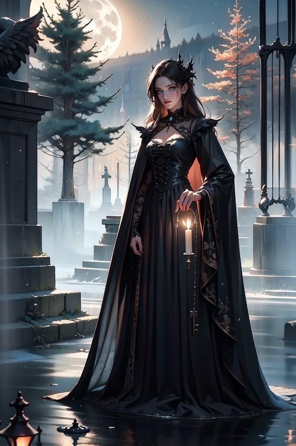 {{A haunting depiction of a young woman}} with intense green eyes,  clad in elegant Victorian attire,  stands amidst a fog...