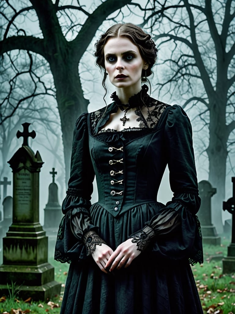 {{A haunting depiction of a young woman}} with intense green eyes,  clad in elegant Victorian attire,  stands amidst a fog...