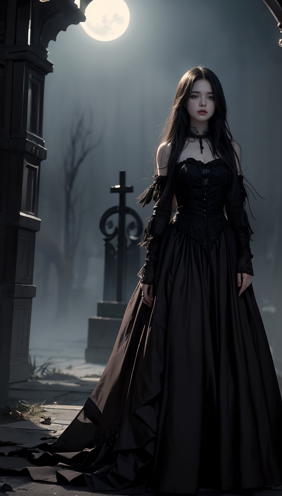 {{A haunting depiction of a young woman}} with intense green eyes,  clad in elegant Victorian attire,  stands amidst a fog...