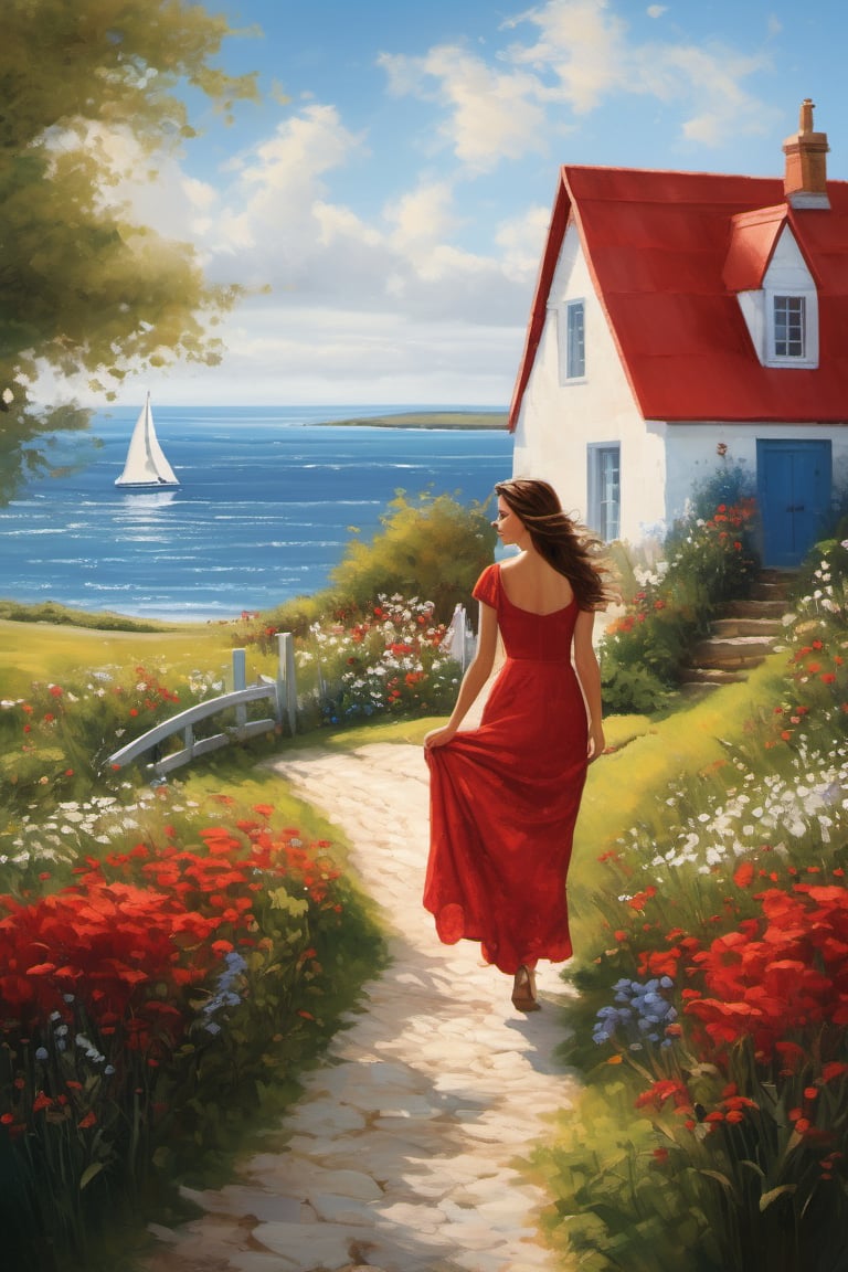 A beautiful young woman with short, flowing dark hair with red highlights, wearing a vibrant red dress, standing on a picturesque path leading to a charming coastal cottage. The scene captures the woman in a dynamic, thoughtful pose, looking towards the horizon. Her dress gently flows with the breeze, showcasing realistic fabric textures and soft lighting. The background features a quaint cottage with a red-tiled roof, surrounded by lush, green fields and blooming wildflowers. The sky is bright blue with fluffy white clouds, and the ocean is visible in the distance with sailboats dotting the horizon. The composition emphasizes realistic textures, detailed lighting, and a serene, idyllic atmosphere.