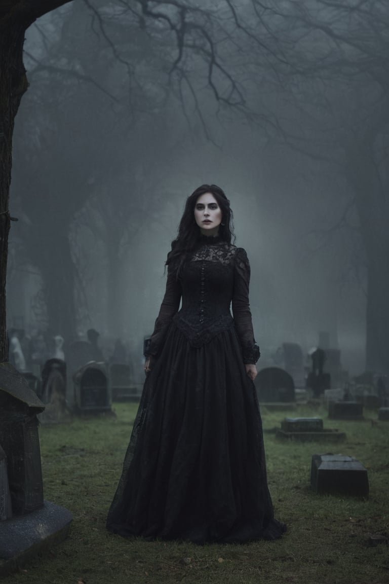 {{A haunting depiction of a young woman}} with intense green eyes,  clad in elegant Victorian attire,  stands amidst a fog...