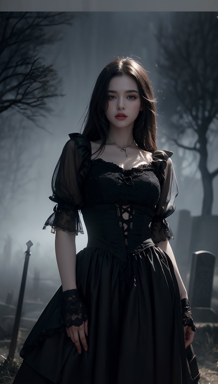 {{A haunting depiction of a young woman}} with intense green eyes,  clad in elegant Victorian attire,  stands amidst a fog...