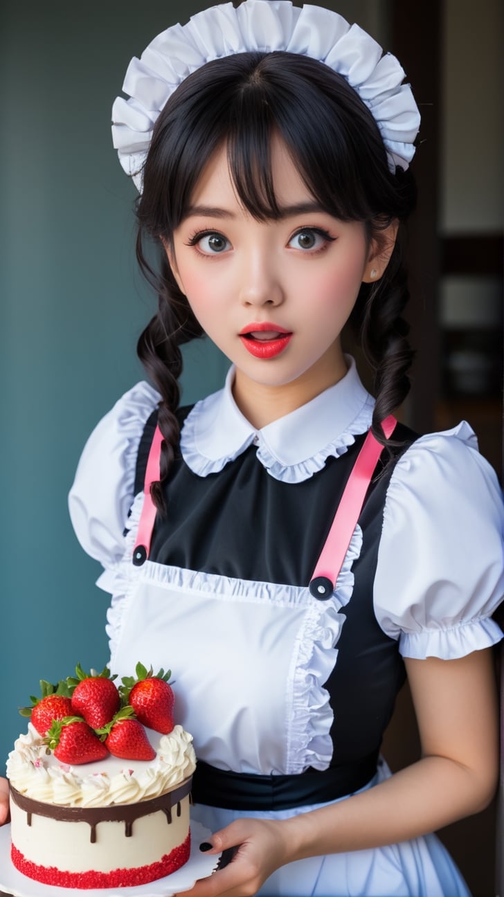  young female character who is running with a cake and looks surprised. BREAK She wears a black and white maid outfit with frills and ribbons, and her pink cheeks and big blue eyes show her shock and excitement. BREAK Her hair is blowing in the wind and the cake is adorned with strawberries and cream. BREAK The background is white and the focus is on her and the cake. Small heart-shaped icons express cuteness and joy around her. BREAK The illustration has a bright and pop atmosphere, full of movement and energy. BREAK delicate facial features, extremely detailed fine touch