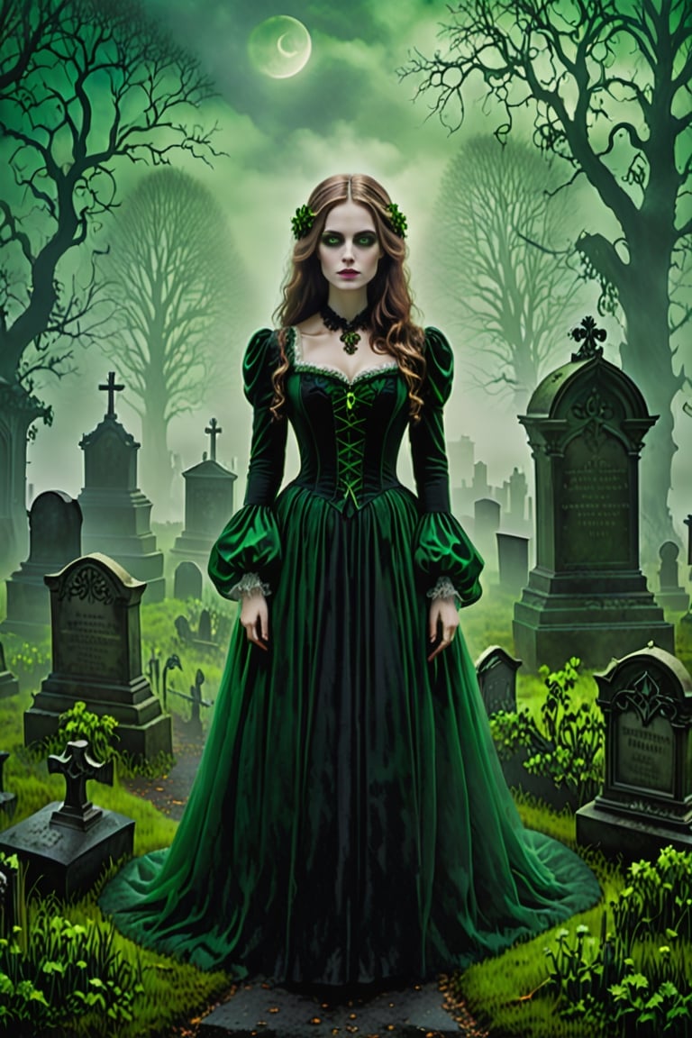 {{A haunting depiction of a young woman}} with intense green eyes,  clad in elegant Victorian attire,  stands amidst a fog...