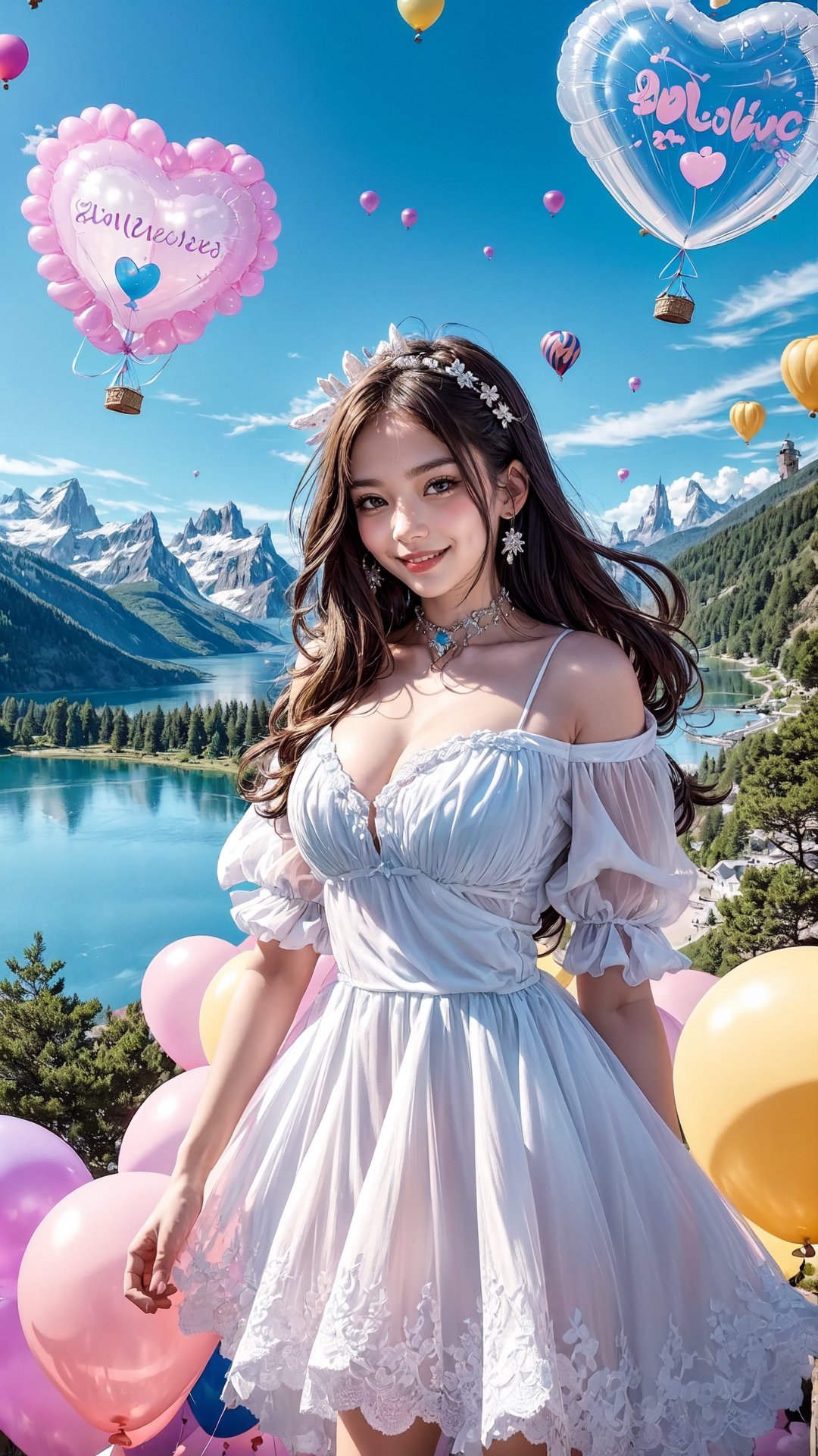 A 20-year-old woman looking in the direction of an unknown object (a familiar face) Angel, angel wings, balloons, heart balloons, wind, rope, earth landscape, medieval castle, lake, mountains, clouds, clear sky, colorful balloons (balloons: 1.5) Blue and white tones, smiles, epic, Celestia, fantasy world, beautiful world.