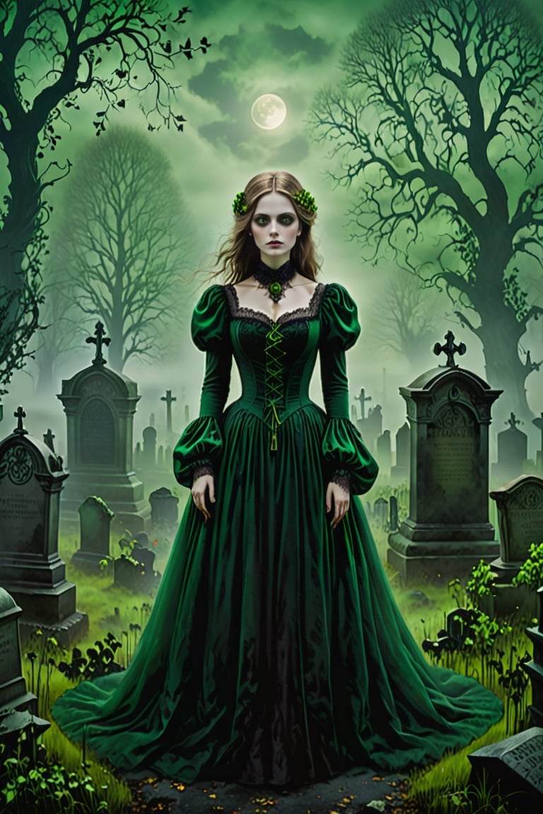 {{A haunting depiction of a young woman}} with intense green eyes,  clad in elegant Victorian attire,  stands amidst a fog...