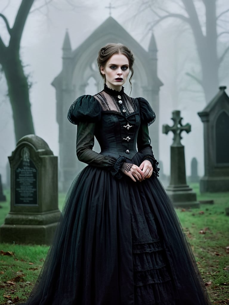 {{A haunting depiction of a young woman}} with intense green eyes,  clad in elegant Victorian attire,  stands amidst a fog...