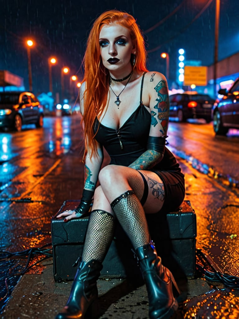 NEOST, 1girl, long orange hair, dark eyes, dark lipstick, tattoos on arm, piercings, black dress, fishnet stockings, black boots, sitting on wet road, cars in background, neon lights, blurry background, red and blue lighting, night, outdoor, detailed