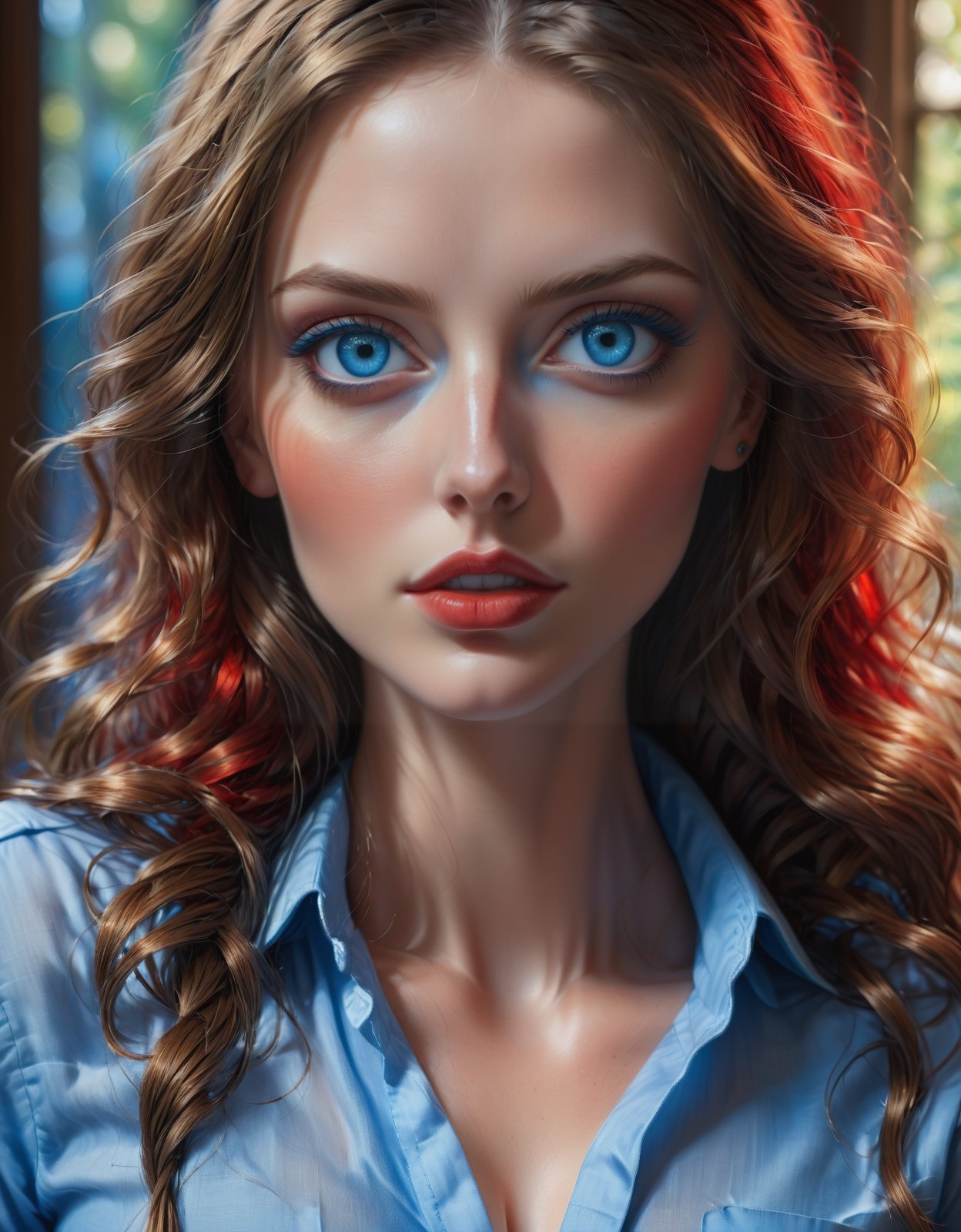 (((masterpiece))) (((best quality))) ((ultra-detailed)) (((blackmailed))) (((8K))) (((realistic))) (detailed light) ((an extremely delicate and beautiful)) (beautiful detailed blue eyes, detailed beautiful face, red cheeks:1.5) dramatic lighting 1girl (long straight hair:1.5) button shirt skirt looking at viewer large breasts indoor masterpiece focus expression upper body intricate secenary,