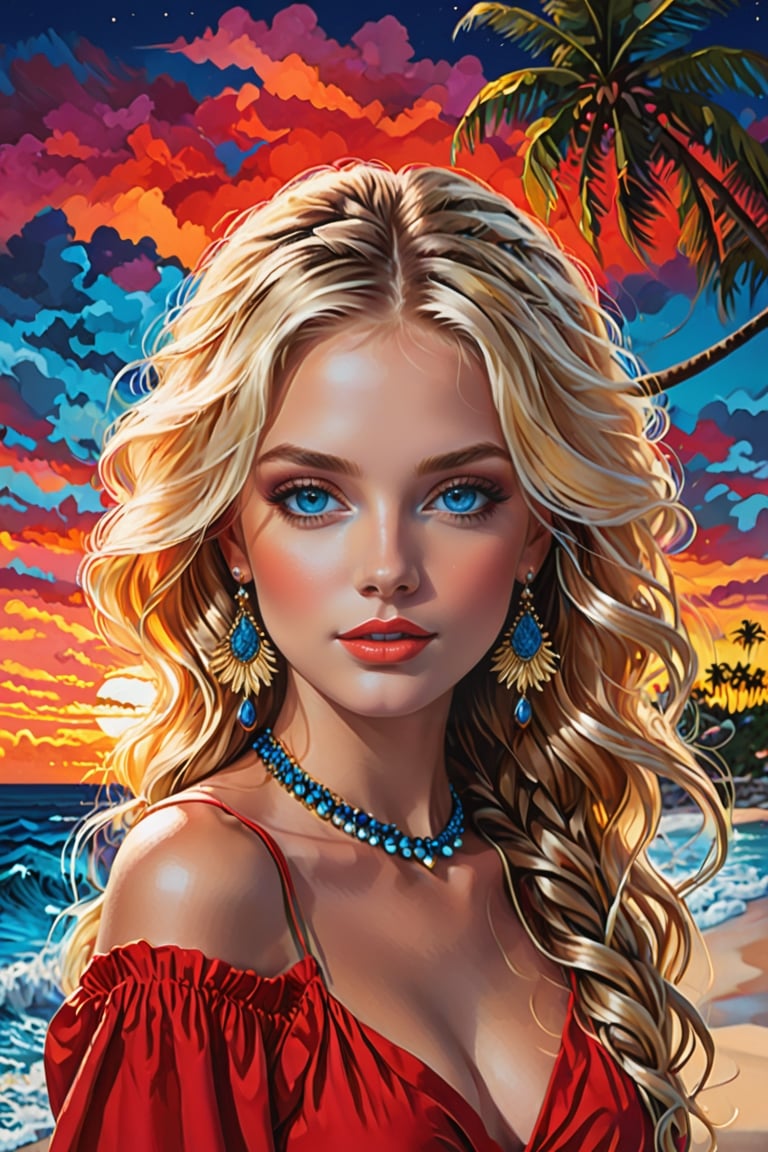 {{A mesmerizing depiction of a girl}} with {blonde hair, blue eyes, long hair, earrings, jewelry, necklace, bracelet, red top, turtleneck crop top, long sleeves}. This is a vibrant-inspired image that showcases {night, sunset, beach, palm trees, cityscape, silhouettes, ocean, tropical, birds, clouds}. The environment/background should be {night} to create an {alluring atmosphere}. The image should be in the style of a {digital illustration}, incorporating elements of {colorful pop art, vibrant sunset photography, tropical illustrations}. The {extreme close-up} shot, captured with a {macro} lens, will provide a {dynamic angle}. The lighting should be {moonlight passing through hair}, emphasizing {intricate details}. The desired level of detail is {ultra-detailed body} with a {highest detailed} resolution, highlighting {the facial features and jewelry}. The goal is to create a {colorful masterpiece} image that captivates viewers with its {vibrancy and intricacy}.