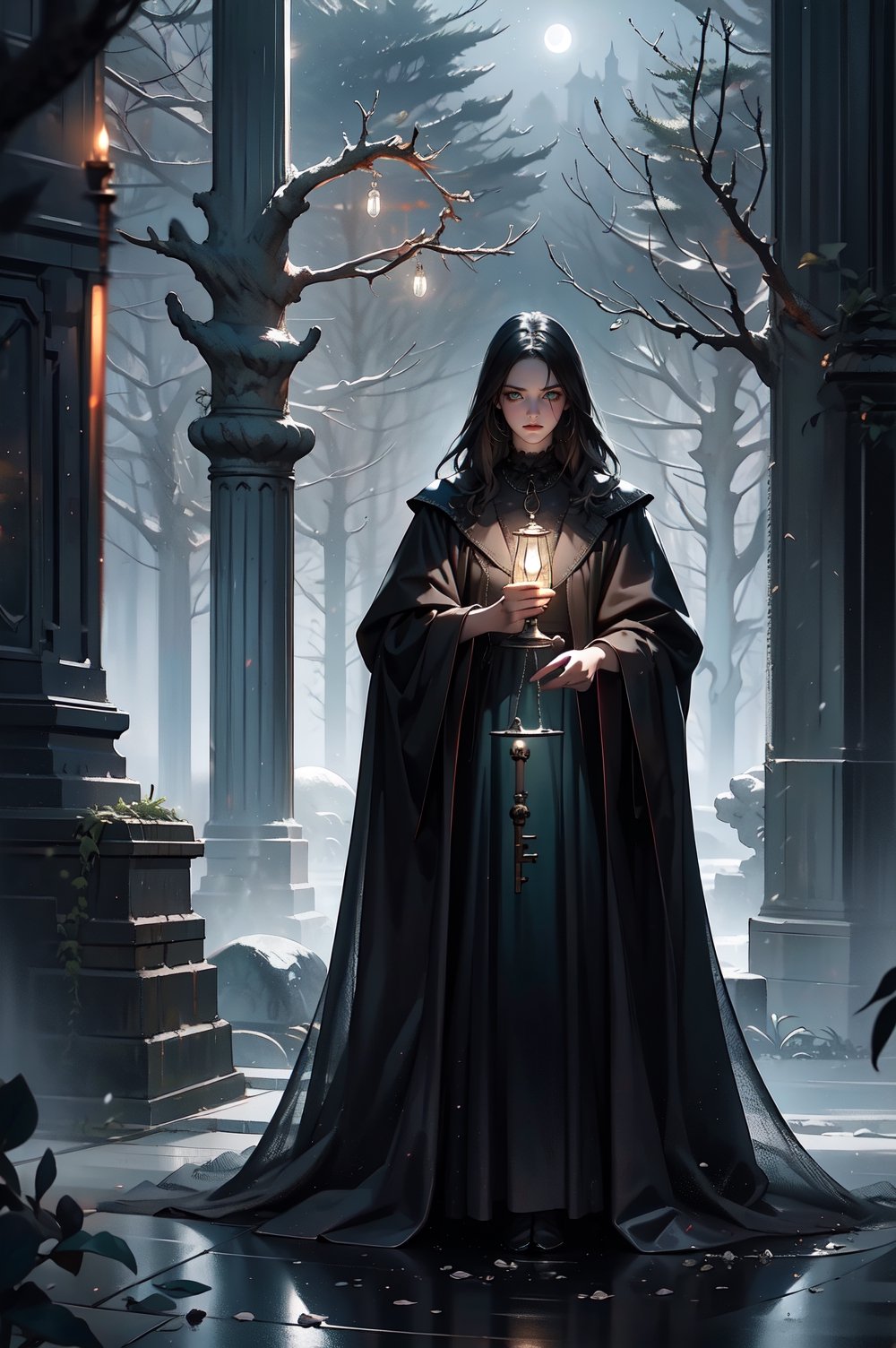 {{A haunting depiction of a young woman}} with intense green eyes,  clad in elegant Victorian attire,  stands amidst a fog...