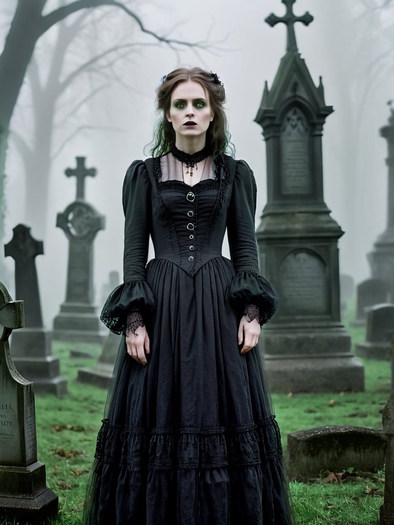 {{A haunting depiction of a young woman}} with intense green eyes,  clad in elegant Victorian attire,  stands amidst a fog...