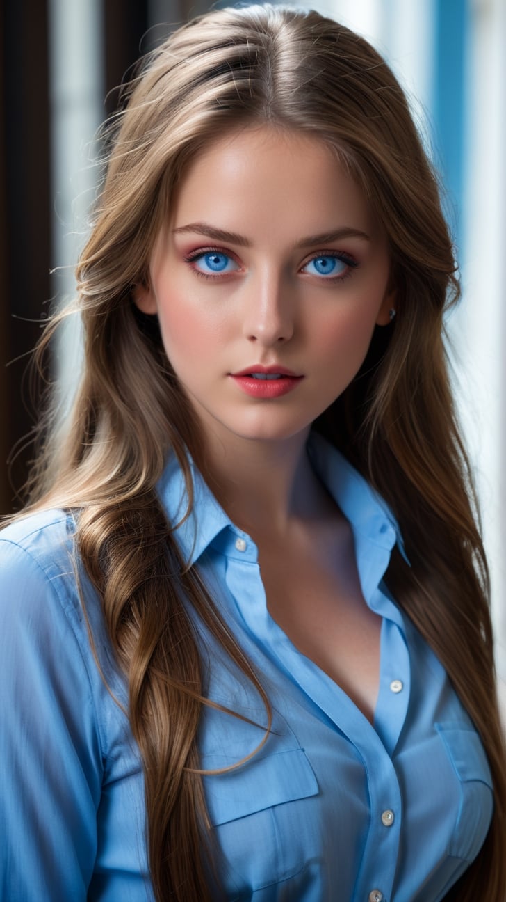 (((masterpiece))) (((best quality))) ((ultra-detailed)) (((blackmailed))) (((8K))) (((realistic))) (detailed light) ((an extremely delicate and beautiful)) (beautiful detailed blue eyes, detailed beautiful face, red cheeks:1.5) dramatic lighting 1girl (long straight hair:1.5) button shirt skirt looking at viewer large breasts indoor masterpiece focus expression upper body intricate secenary,