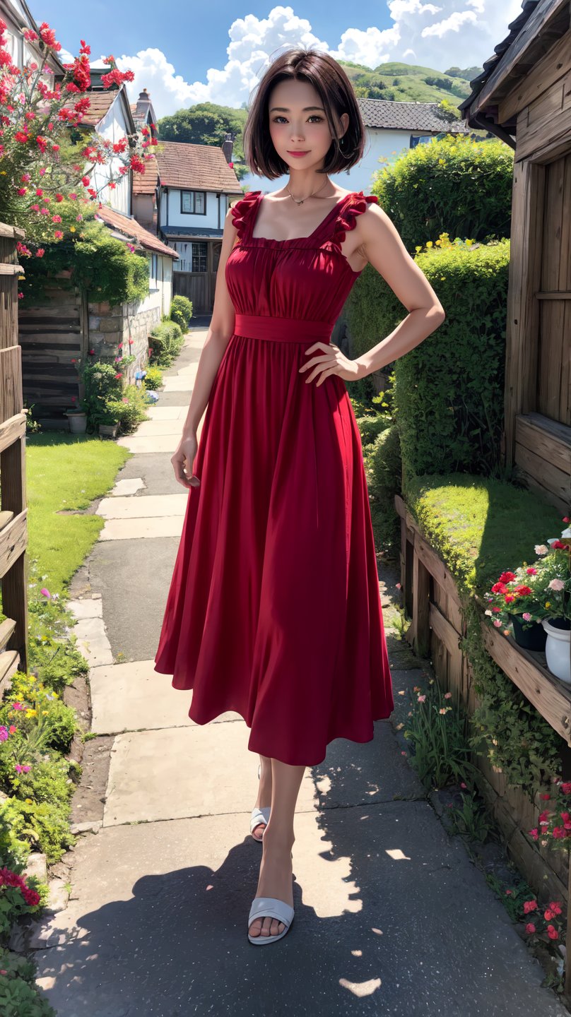 A beautiful young woman with short, flowing dark hair with red highlights, wearing a vibrant red dress, standing on a picturesque path leading to a charming coastal cottage. The scene captures the woman in a dynamic, thoughtful pose, looking towards the horizon. Her dress gently flows with the breeze, showcasing realistic fabric textures and soft lighting. The background features a quaint cottage with a red-tiled roof, surrounded by lush, green fields and blooming wildflowers. The sky is bright blue with fluffy white clouds, and the ocean is visible in the distance with sailboats dotting the horizon. The composition emphasizes realistic textures, detailed lighting, and a serene, idyllic atmosphere.