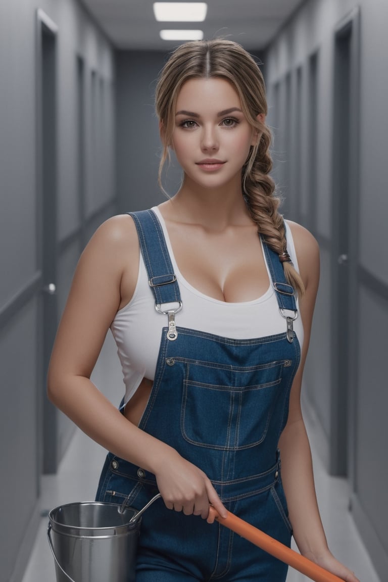 1girl, janitor, overalls, cap, in hallway, indoors, grey background, (mop), (mop bucket, mop maid), (holding mop), big breasts, boobs, sideboobs, wide hips, thick thighs, sweat, sweating, pant, long hair, ponytail, shy, insecure, blush, looking at viewer, UHD, ultra-detailed, intricate details, extreme details, best quality, best lighting, best shading, 1080p, 8k, lewd, best hands, perfect anatomy, perfect hands, (lewd art),
