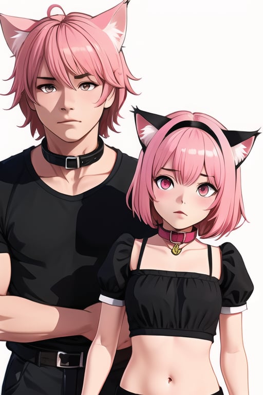  1girl, short hair, 1boy, animal ears, pink hair, cat ears, pink eyes, collar, parody, Flat vector art,Eve3D,Eyes parody