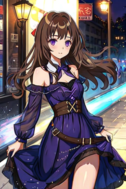  1girl, long hair, brown hair, long sleeves, dress, heterochrome eyes, purple dress,