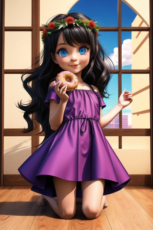 1girl, long hair, blue eyes, black hair, dress, purple eyes, food, barefoot, window, parody, minigirl, head wreath, doughnut,Flat vector art,Eve3D,Eyes