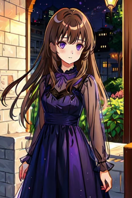  1girl, long hair, brown hair, long sleeves, dress, heterochrome eyes, purple dress,