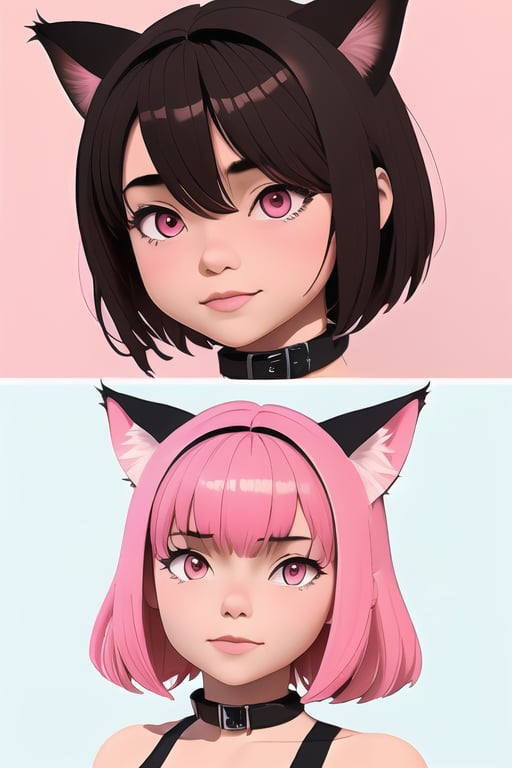  1girl, short hair, 1boy, animal ears, pink hair, cat ears, pink eyes, collar, parody, Flat vector art,Eve3D,Eyes parody, Flat vector art,Eve3D,Eyes