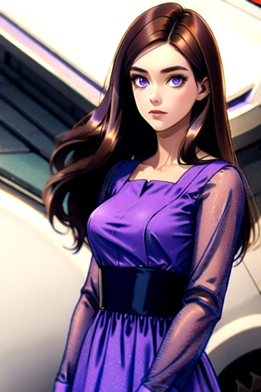  1girl, long hair, brown hair, long sleeves, dress, heterochrome eyes, purple dress,Detail