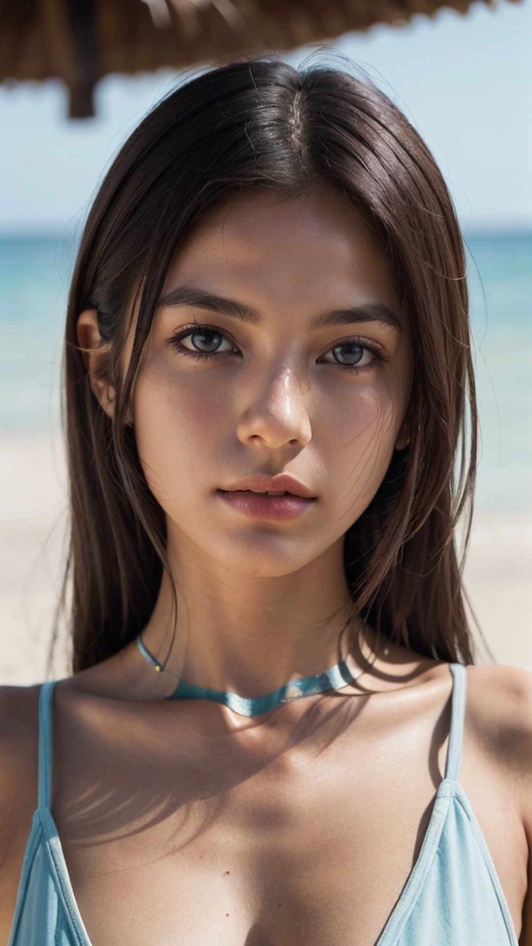 Full body portrait, photo of a Top model Brazilian teenage, gorgious, exposed breast, soft skin,  symmetrical, at summer, whole body, at the beach, perfect detail ,  looking at viewer, make up, tanned skin, hairstyle is long straight black hair, 
soft studio lighting, highly detailed face, from side, photo realistic, (looking into camera:1.7),