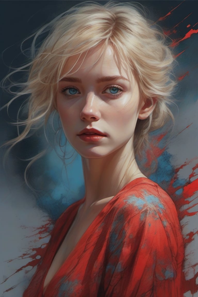  A beautiful animated female character with blonde hair, blue eyes, and a red dress, standing against a grey cloudy background.| detailed face| anime style| key visual| intricate detail| highly detailed| breathtaking| vibrant| panoramic| cinematic| Carne Griffiths| Conrad Roset| ghibli,DOUBLE EXPOSURE,digital artwork by Beksinski