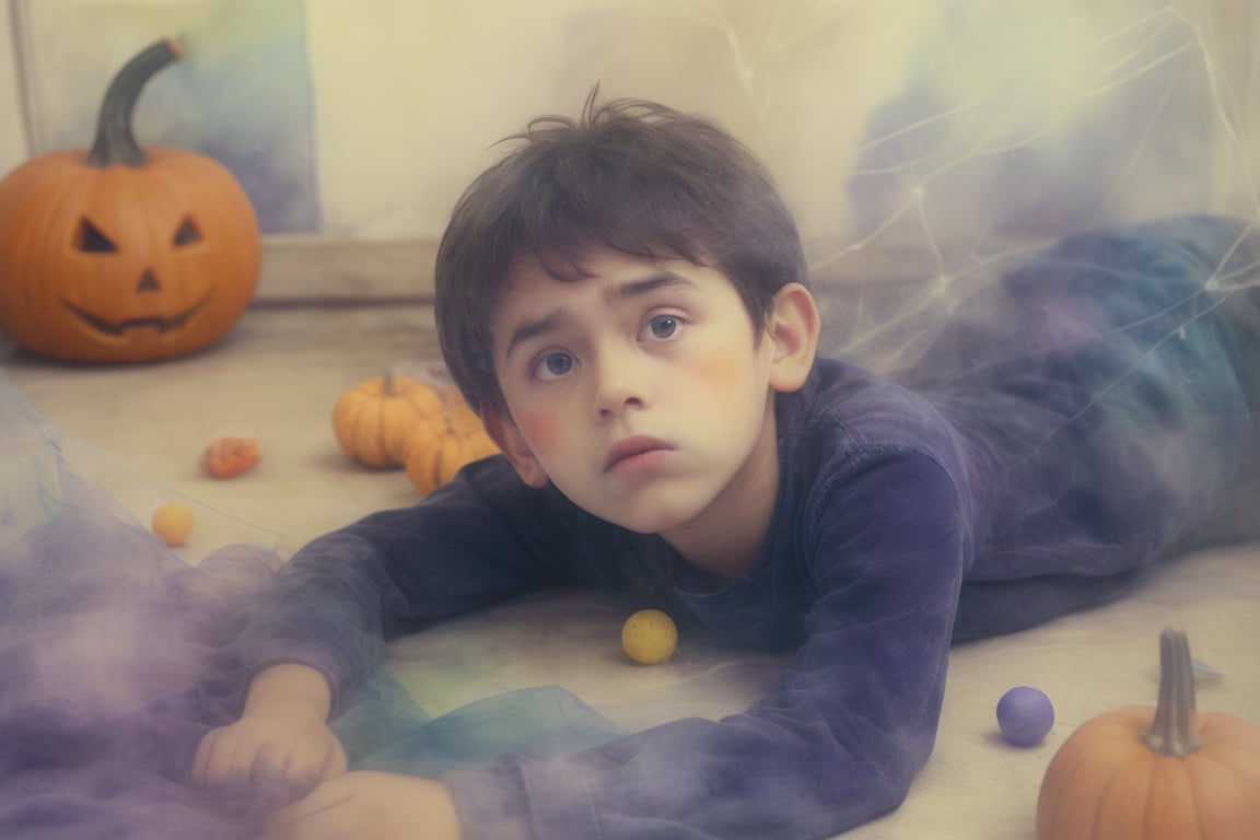  A pixar child laying down with a bored face, waiting for Halloween, pastel tones, watercolor style, surrounded by small decorations like Halloween masks and cobwebs. Set against a white background, the scene is playful yet captures the anticipation. hd quality, natural look --ar 2:3 --v 6.0



































