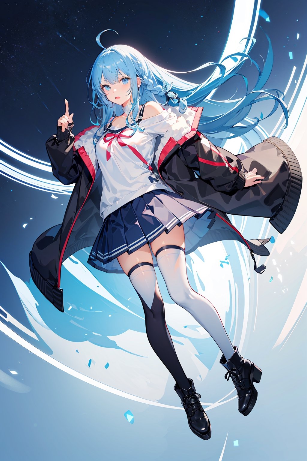 1girl, solo, long hair, looking at viewer, bangs, blue eyes, skirt, shirt, thighhighs, long sleeves, bow, ribbon, blue hair, jacket, full body, white shirt, braid, ahoge, pleated skirt, shoes, off shoulder, black footwear, white thighhighs, black jacket, white skirt, star \(sky\), volumetric lighting