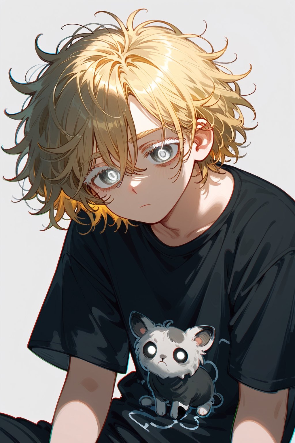 score_9_up,score_8_up, 1boy, gray eyes, glowing eyes, baggy eyes, tired, messy hair, short hair, golden hair, bright hair, white eyelashes, tired, black oversized shirt, short sleeves, black pants, upperbody, chromatic abberation, more detail XL