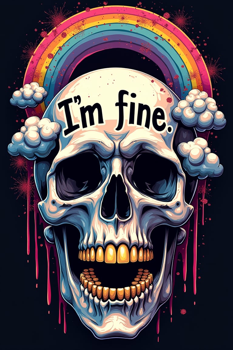 A striking and surreal vector design featuring a crying skull adorned with gold teeth, rainbows, clouds, glitter, and psychedelic colors. The skull's eyes are filled with tears, and its mouth is open in a howl, while the text "I'm fine" is written across its forehead. The overall design is dark and morbid with a touch of humor and a dash of unexpected color and glitter, creating a unique and unforgettable visual experience.,Fantasy detailers