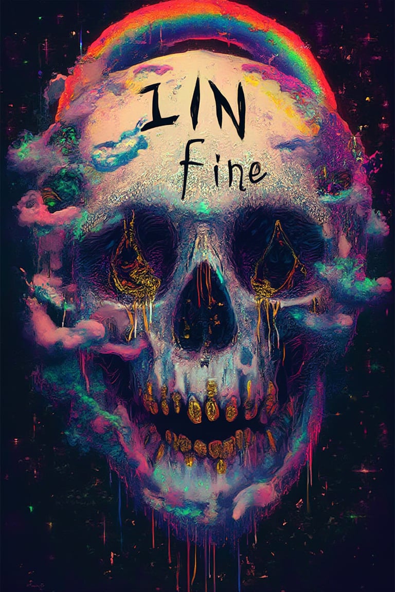 A striking and surreal vector design featuring a crying skull adorned with gold teeth, rainbows, clouds, glitter, and psychedelic colors. The skull's eyes are filled with tears, and its mouth is open in a howl, while the text "I'm fine" is written across its forehead. The overall design is dark and morbid with a touch of humor and a dash of unexpected color and glitter, creating a unique and unforgettable visual experience.,Fantasy detailers