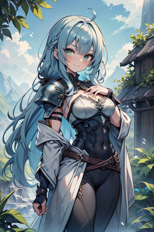 Woman with light blue hair, big, tall, the strongest warrior in the world, plate armor, cold jacket, pantyhouse, bracers, chest, green eyes, friendly, free spirit, religious, valley of plants, no bangs, long hair , charming smile, a wonderful person, medium breasts, long stockings, long pants, long robe
