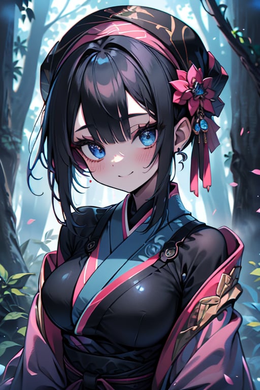 dark blue hair,  blue eyes,  pink kimono outfit with black edges by Endelot on Tensor.Art