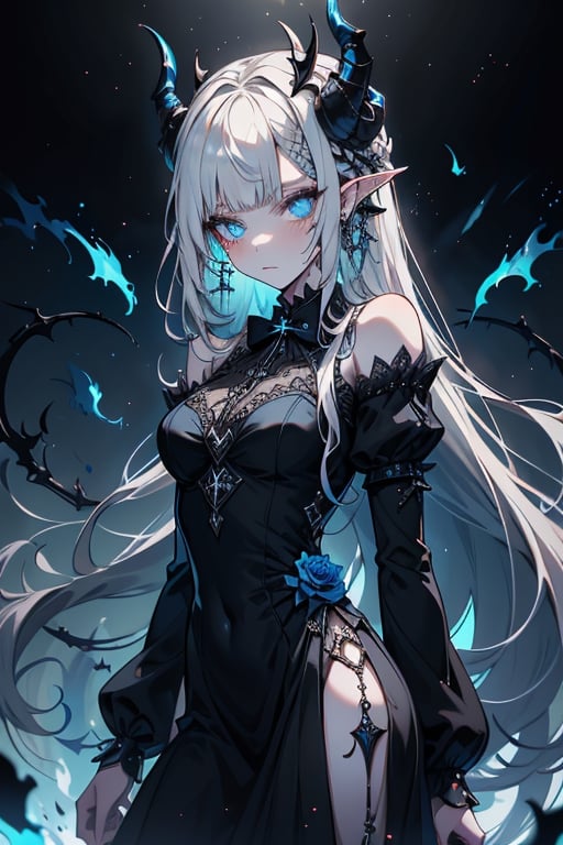 white hair, deep blue eyes, aura of dark power, the most powerful being in the world, queen of darkness, lost look, pointed ears, black dress with blue edges, killer of gods, the one who killed Lucifer, incarnation of the gods dragons, masterpiece, very good quality, excellent quality, perfect face, small breasts, serious face, dazed, calm, kuudere, eyes with blue flames, looking down, as if on top of the world, horns, fake goddess, bare shoulders, long skirt, gothic, Mullet Bangs, staring, sad expression, blue roses in her hair and her dress,emanates the power of chaos within her,black sclera,black bow tie, domino dresses from the Victorian era.
