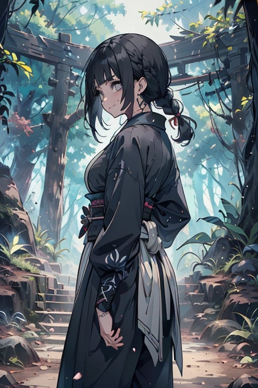 kind woman, black hair, medium hair, hair in braid down to her back, a single braid, dirty clothes, warrior, beast tamer, the killer of gods, black eyes, old clothes, alone, forest, kind smile, innocent, breasts small, tall woman, amazon, samurai, gray kimono jacket ideal for combat, wide pants, happy, friendly, good person,  masterpiece, good quality, swords well positioned at her waist, good hands, aquamarine belt.


,hinata(boruto)