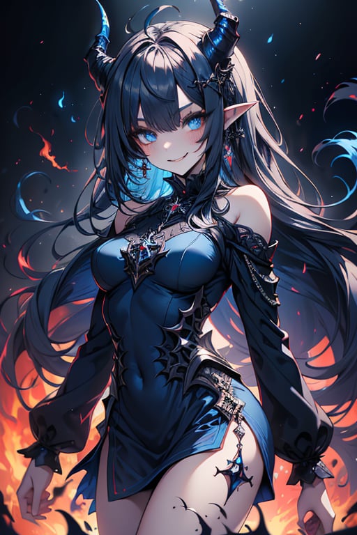 blue hair, deep blue eyes, aura of dark power, the primordial of the underworld, goddess of flames, sadistic, pointed ears, blue dress with white edges, right hand of lucifer, primordial goddess, masterpiece, very good quality, excellent quality , perfect face, small breasts, evil smile, egocentric, eyes with blue flames, horns, long sleeve, miniskirt, gothic, very long hair, emanates the power of destruction, adult, clothes burning with blue fire

