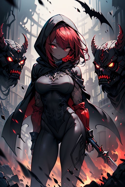 The queen of the abyss, formidable warrior, dark red hair, short hair, black combat lycra close to the body, white eyes, the fastest woman in the world, tall, powerful, red spear, masterpiece, good quality, Excellent quality, good resolution. Penetrating, expressive eyes and an athletic, powerful figure that reflects her combat prowess,  pure darkness, alone, she is the darkness, the night, no light is seen, dark room,skin gray as ash,dark skin,black hood.
